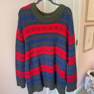 Olive, Red & Blue Striped Women's Sweater